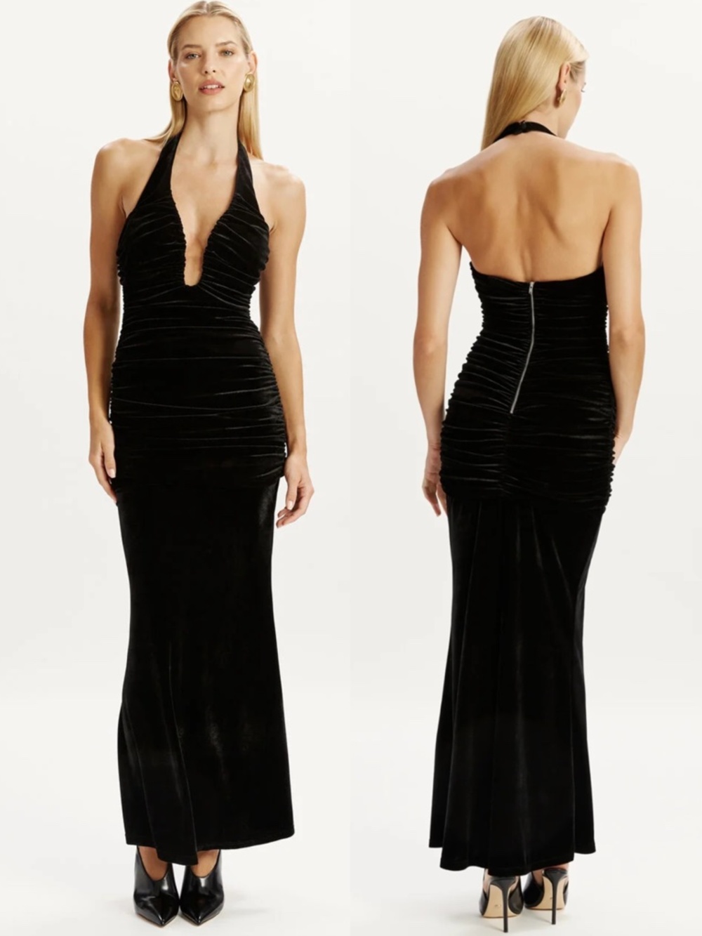NEW BARDOT Black Velvet ELVIRA Halter RUCHED Deep V-NECK Maxi DRESS Gown US 6 M
